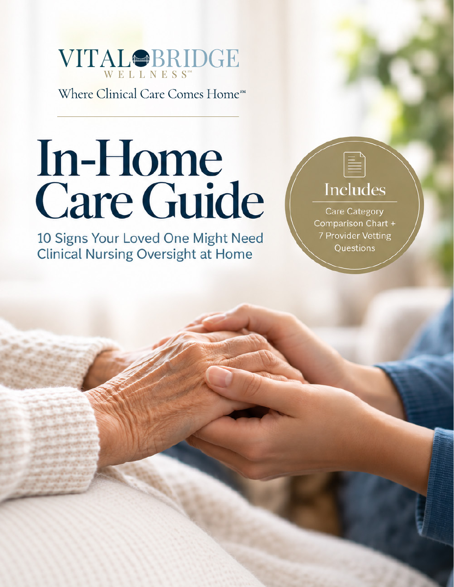 In-Home Care Guide cover showing a caregiver holding an older person's hands