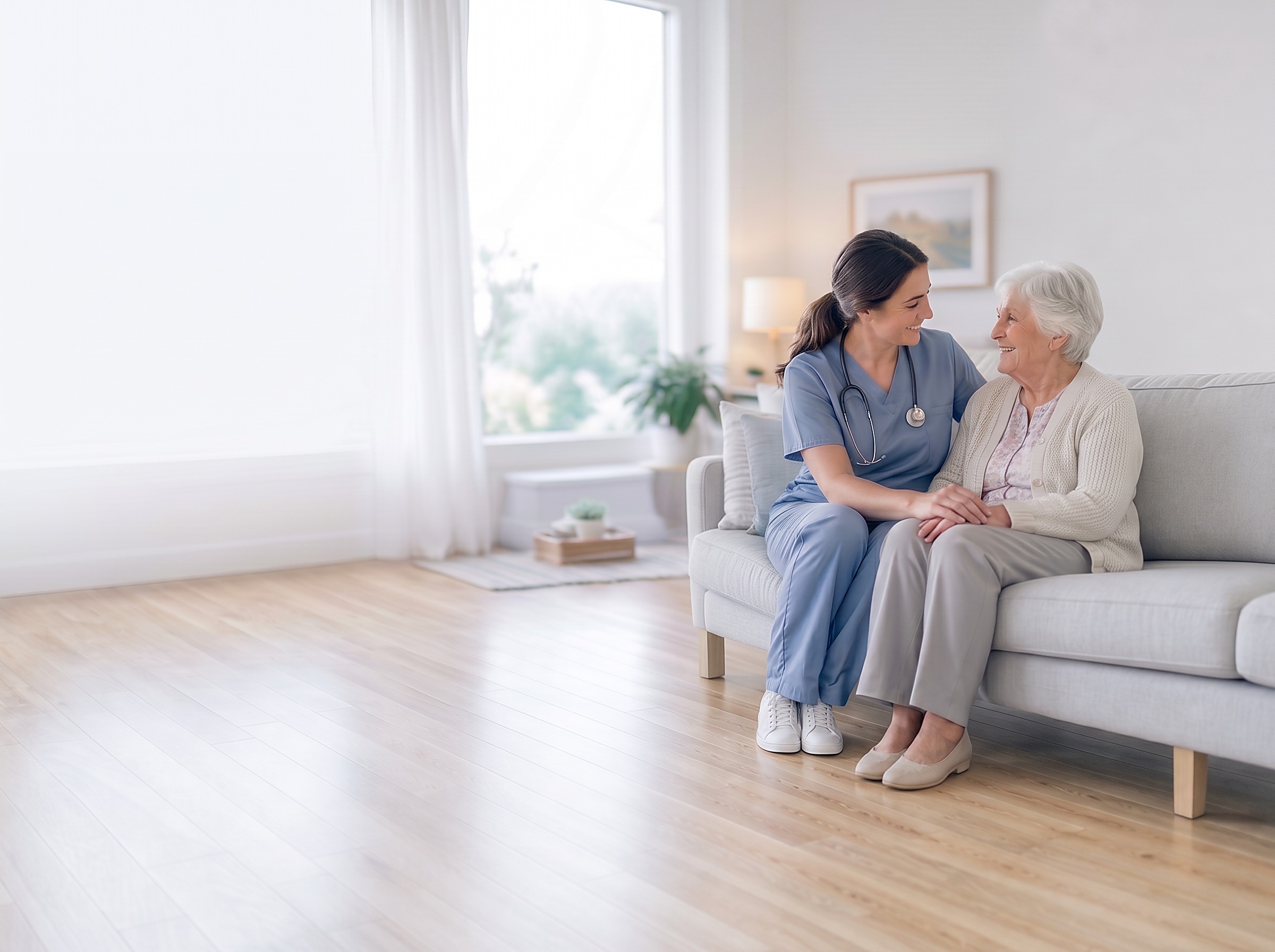 Nurse holding the hand of an elderly patient at home